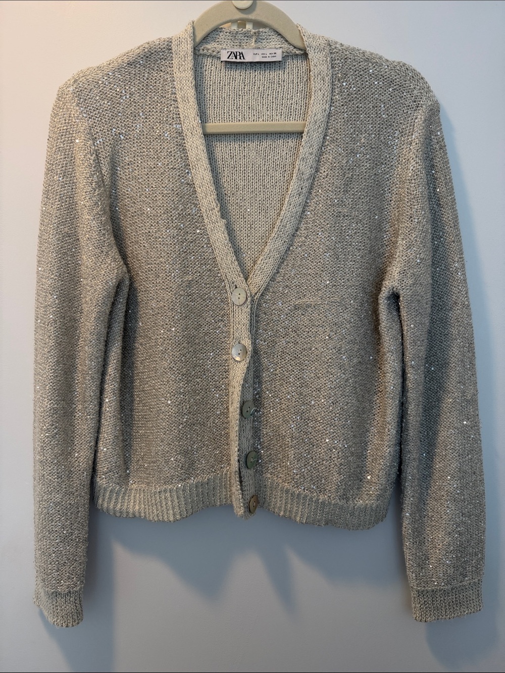 Zara Cream Sequin V-Neck Button Cardigan
